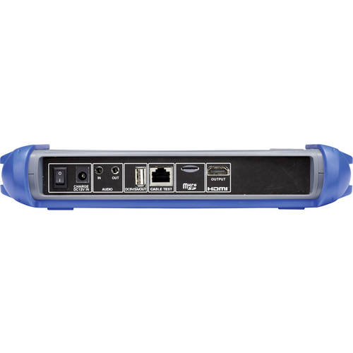 Rückansicht eines elektronischen Geräts mit Anschlüssen: Strom, Audio In/Out, LAN, Kabeltest, HDMI.